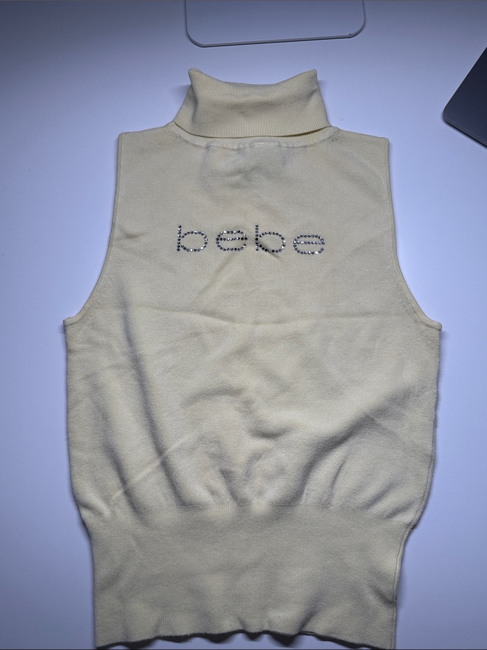 BEBE VINTAGE Y2K Yellow Sleeveless Turtleneck Sweater with Rhinestone Logo